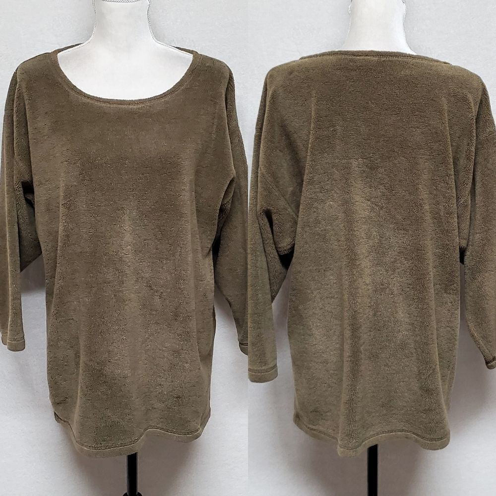 VINTAGE 1990s Moda International Green Terrycloth Oversized Wide Neck Sweater S